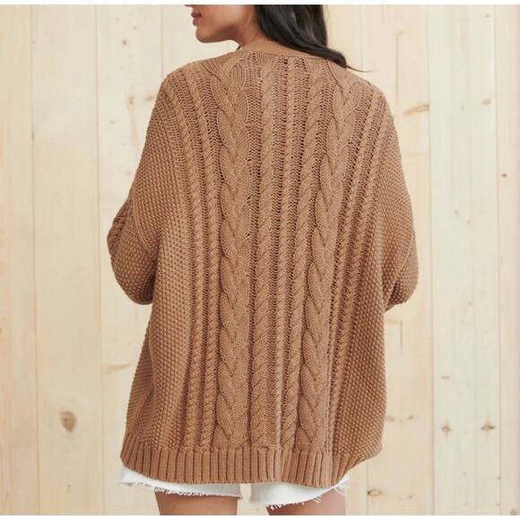 Jenni Kayne Cotton Cable Cardigan Sweater Dark Caramel Size M - Picture 2 of 9